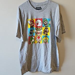 Nintendo Large Gray Short Sleeve Shirt with Colorful Super Mario Character Grid